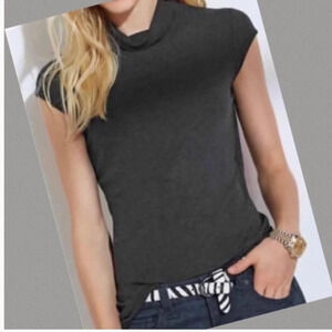 Cabi Cap Sleeve Charcoal Gray Mock  Neck Top
